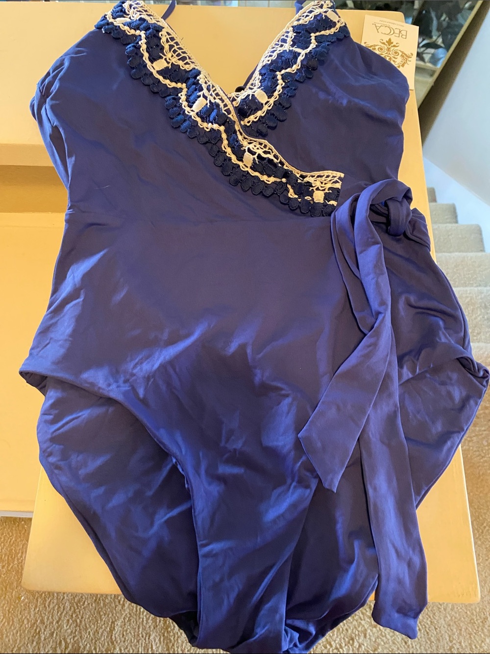 BECCA Royal Blue One-Piece Swimsuit with White Lace Trim